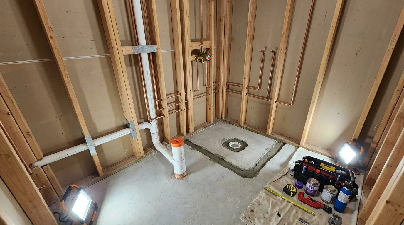 Bathroom rough-in plumbing during remodel by Johns Plumbing LLC in Senath