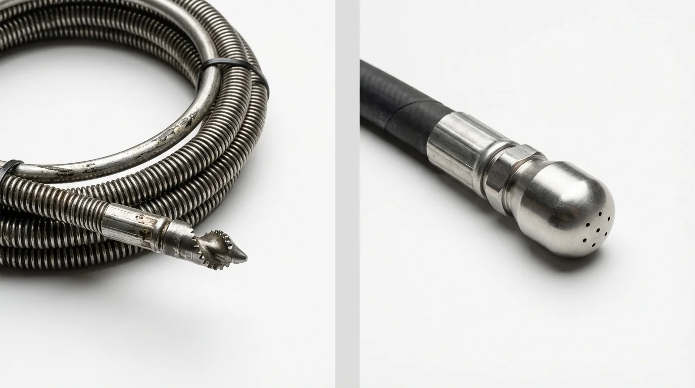 Drain snake cable and hydro jetting nozzle used for drain cleaning in Senath, MO