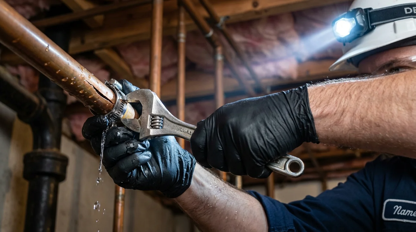 Emergency pipe clamp repair being performed by a Johns Plumbing LLC plumber in Senath