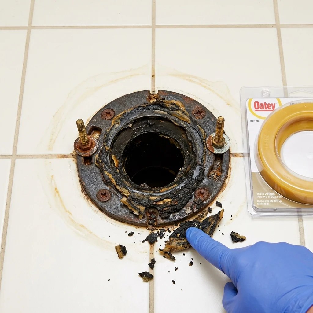 Failed wax ring showing water seepage at the base of a toilet in a Senath, MO home