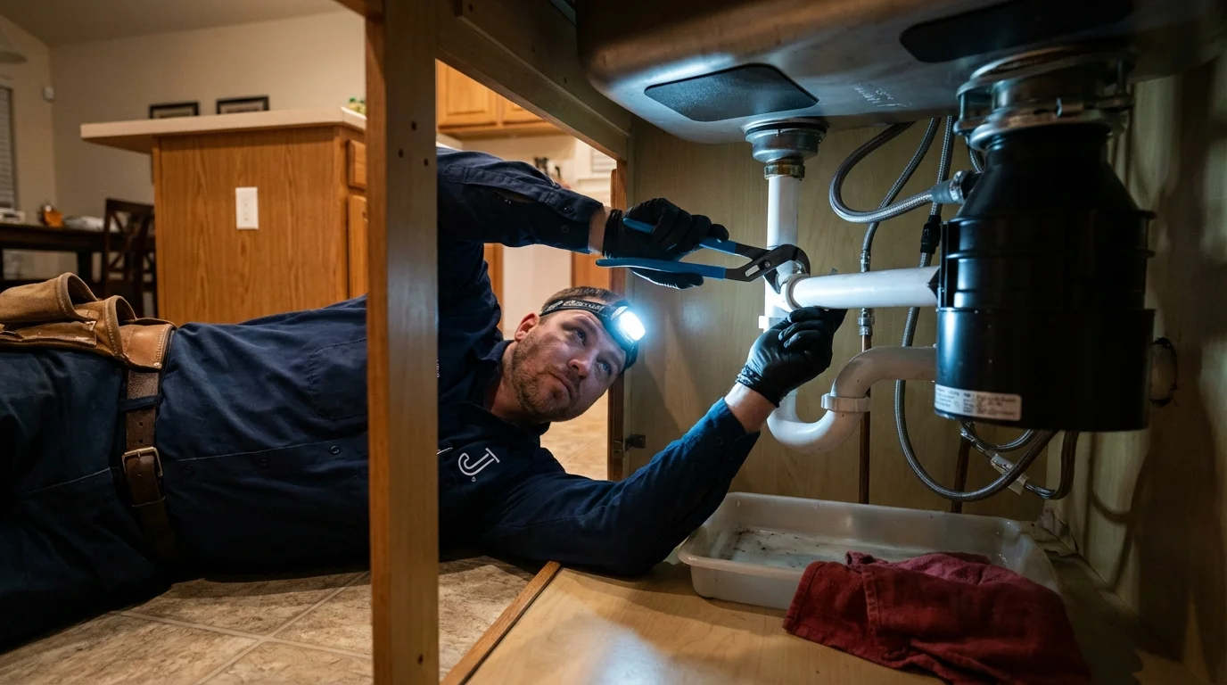 P-trap and supply line connections under a kitchen sink showing a common leak point in Senath, MO